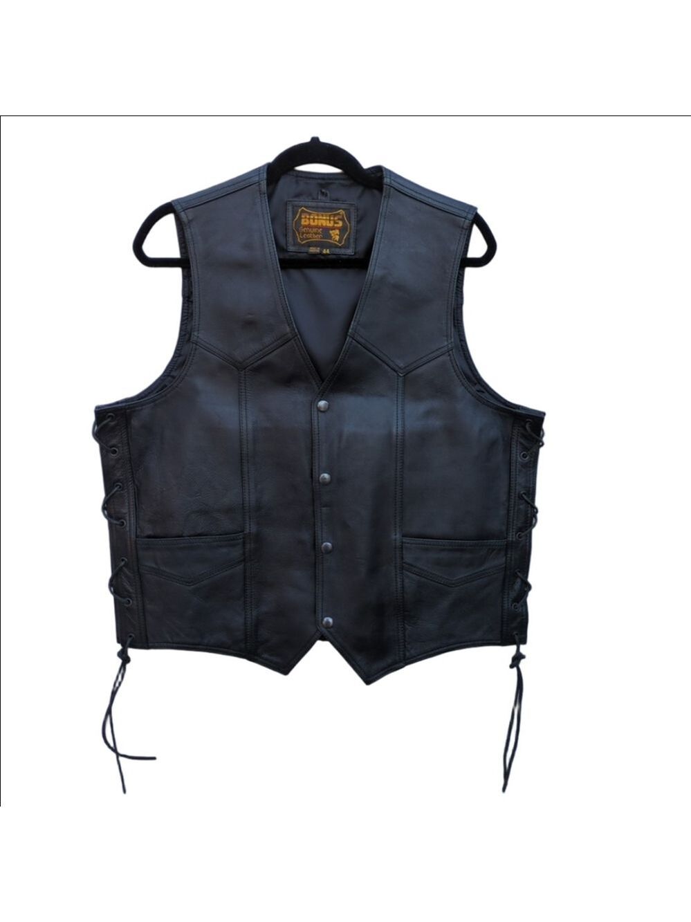 Bonus GenuineLeather Vest Men's 44 Black Leather Laced Side Biker's Riding